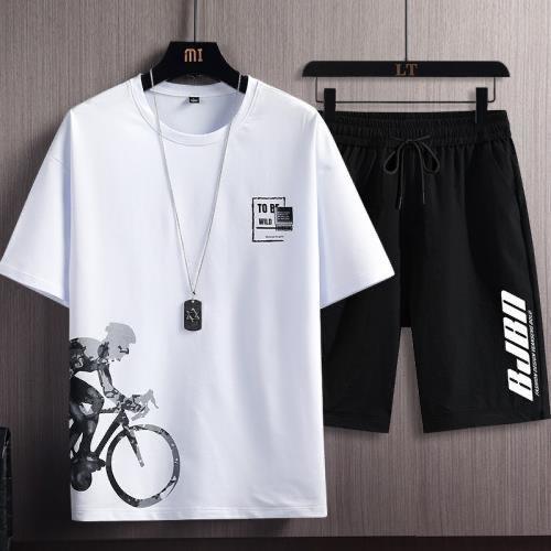 Men Loose T-shirt Shorts Fitness Set Leisure Outfit Simple Elastic Waistband Mid-rise Casual Outfit Streetwear Plus Size