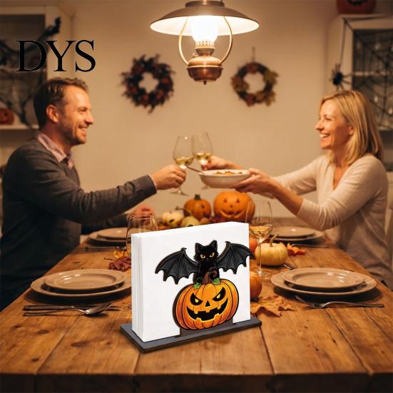 Portatovaglioli da Cucina Halloween in Legno per Tavolo, Zucca Gatto Nero Pipistrello Supporto Carta Dispenser Verticale, Asciugamano Decorazione Festa Festiva Carta