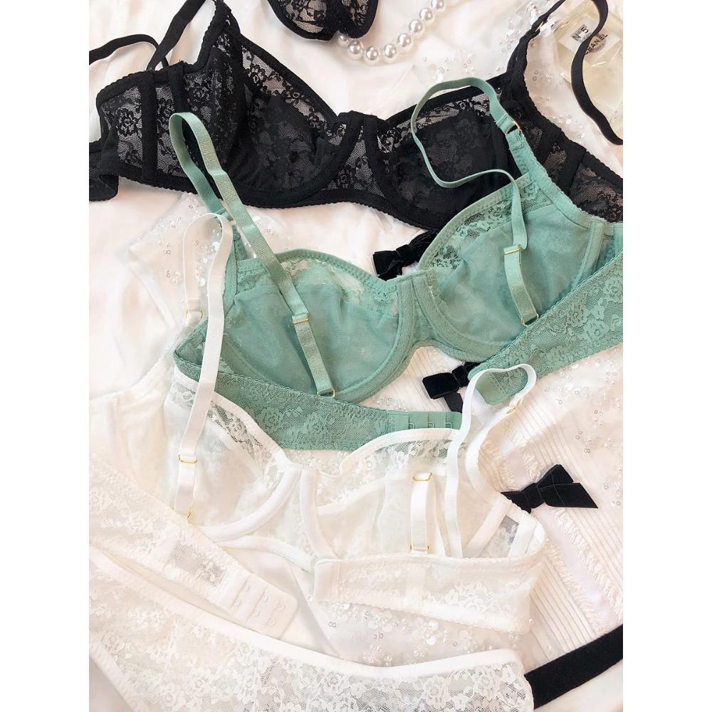 Set de lenjerie intimă franțuzească sexy pentru femei Set de sutien cu broderie din dantelă ultra subțire, confort de vară, sutien respirabil și seturi de lenjerie cu spatele T