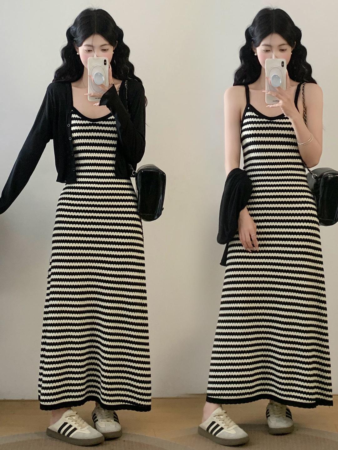 

Elegant Plus Size Striped Camisole Dress & Cardigan Set 3XL