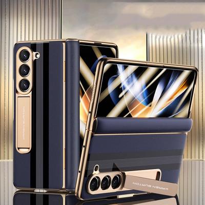 For Samsung Galaxy Z Fold 6 5 Case Hinge Magnetic Plating Genuine Leather Cases Fold 4 3 360 Full Protector Film Kickstand Cover