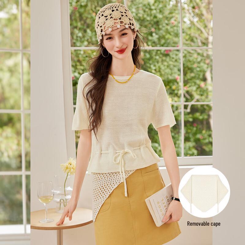 Bailuyu Women s Elegant Drawstring Short Sleeve Knit Top M
