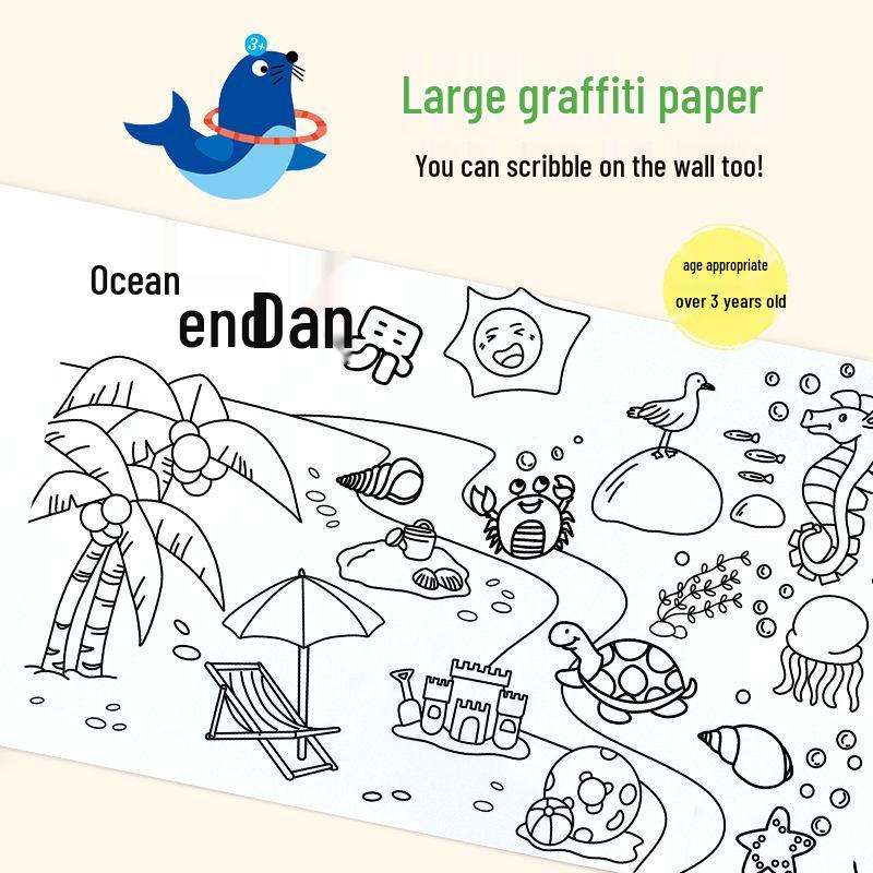 Children's Long Doodle Coloring Roll - Stick-on, No-Mess Wall Canvas for Drawing and Painting