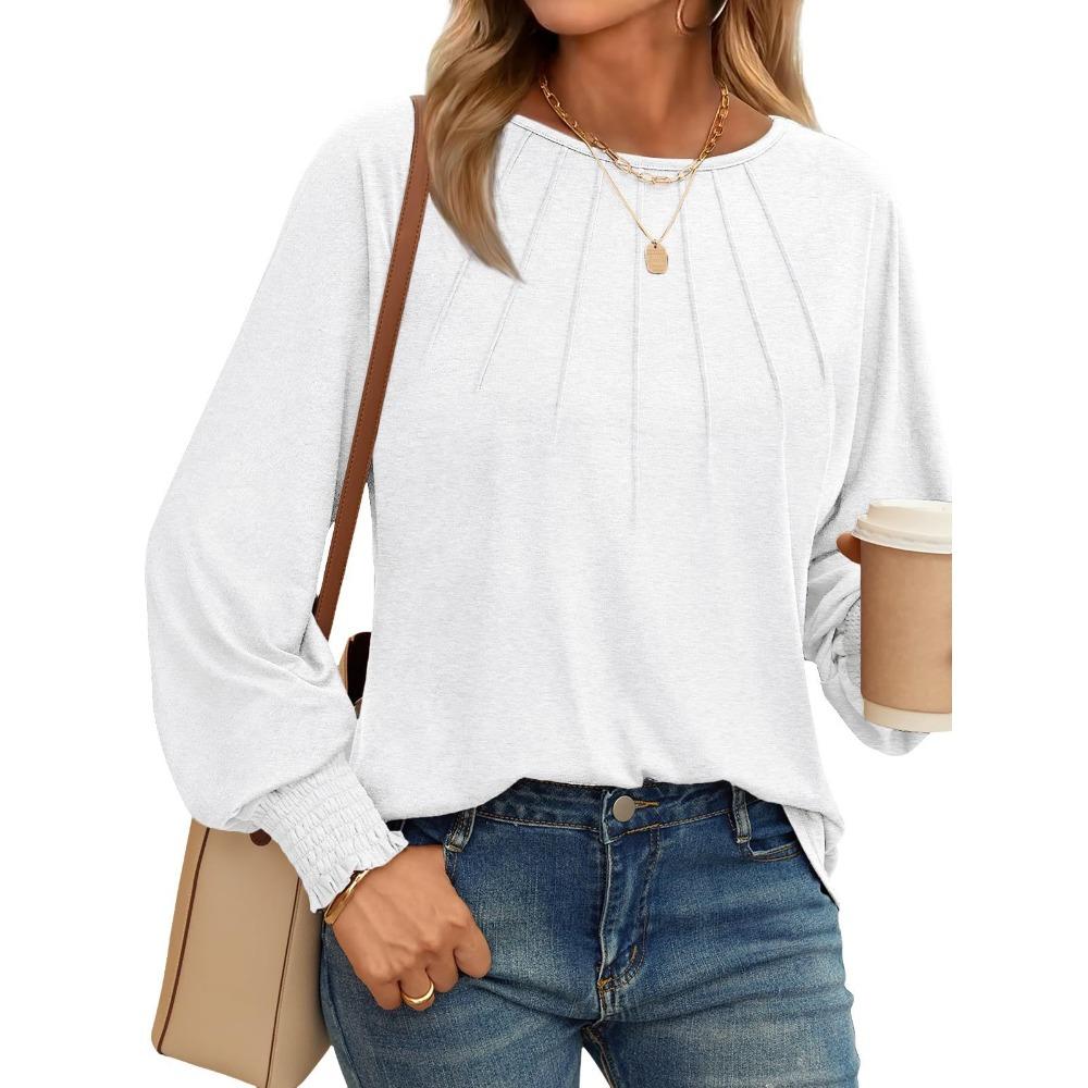 Round Neck Pleated Long Sleeve Casual Top T-shirt