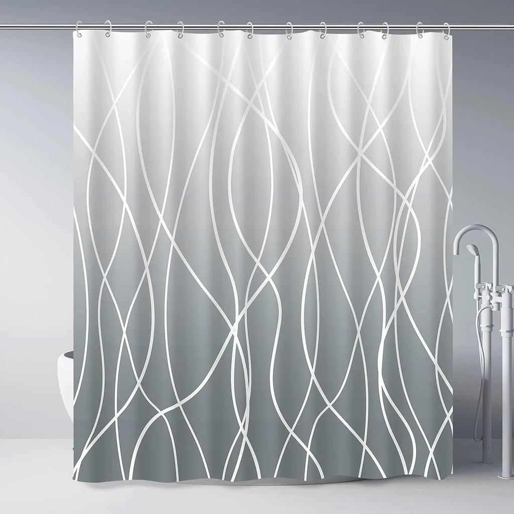Unframed Modern Black and White Striped Corrugated Fabric Bathroom Shower Curtain,  Gradient Stripe, Bathroom Decorative Shower