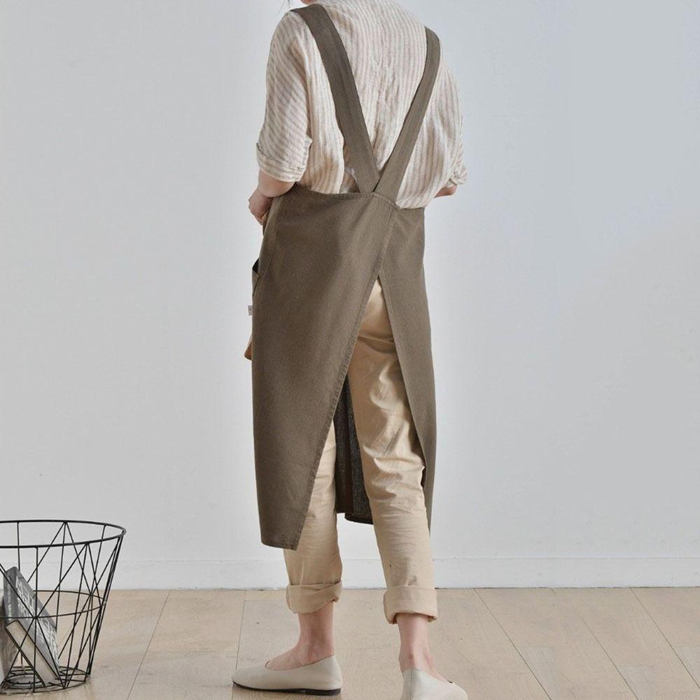 Cross Back Cotton Linen Apron with Pockets Gardening Work Apron Anti-dirty Pinafore Dress  Baking