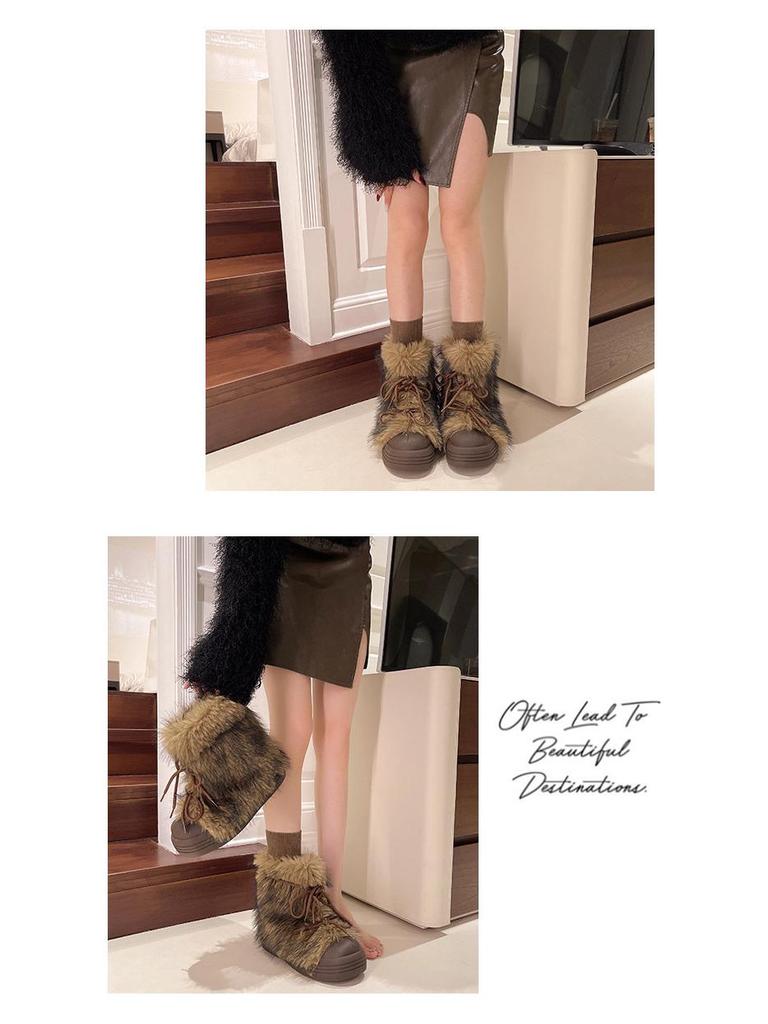 Retro Furry Big-Head Women's Snow Boots: 2025 Winter, Warm, Cold-Resistant, Thick-Soled, Fashionable, Popular