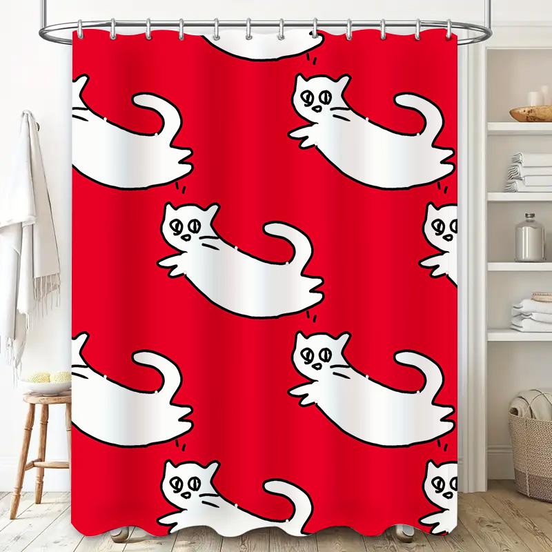 Red Shower Curtain with White Cats Pattern Bathtub Decorative Liner for Home Bathroom Accessories
