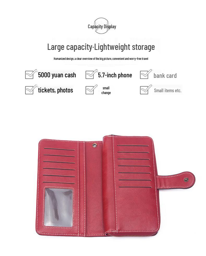 Women's Retro Oil Wax Leather Long Wallet - Hollowed-out Design, Multi-functional, Large Capacity Phone Bag