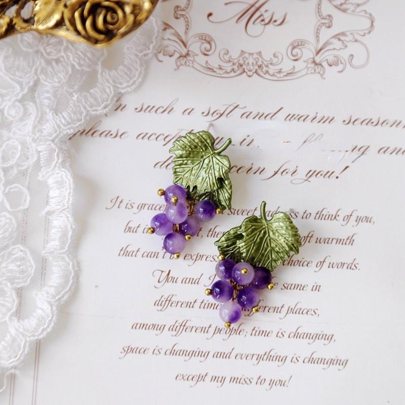 Vintage Artistic Sensi Purple Grape Brooch And Earrings Set For Women And Girls
