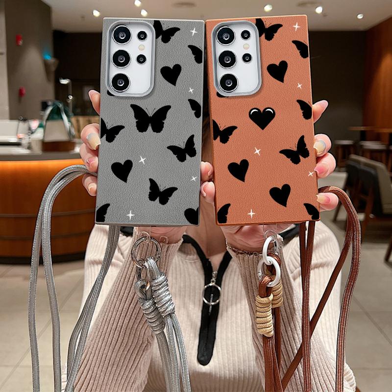 Love Heart Butterfly Print Stoßfeste weiche Handyhülle für Samsung S25 Ultra S24 FE S23 S22 S21 A16 A55 A56 A15 A36 Crossbody Rope Matte TPU Slim Cover