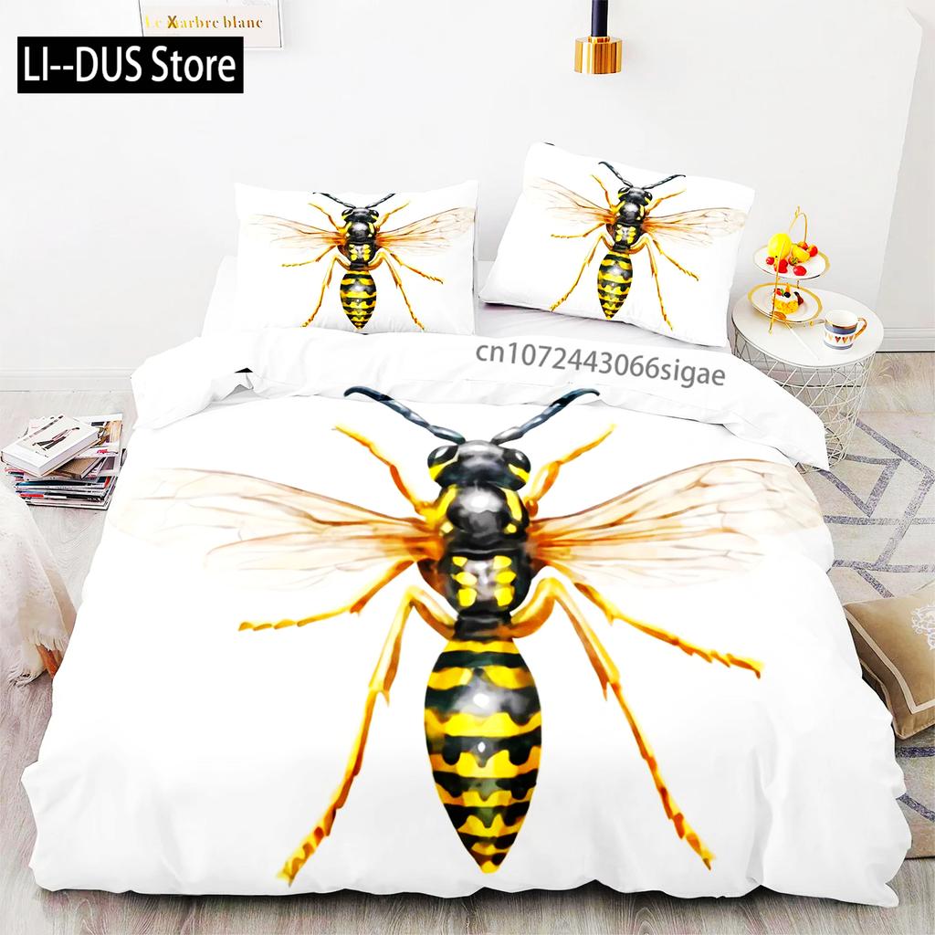 3D-Bienen-Aufdruck Bettwäsche-Set Für Jungen Teenager Polyester Bettwäsche-Set King Queen Größe Gelb Weiß Schwarz Bettbezug Bett