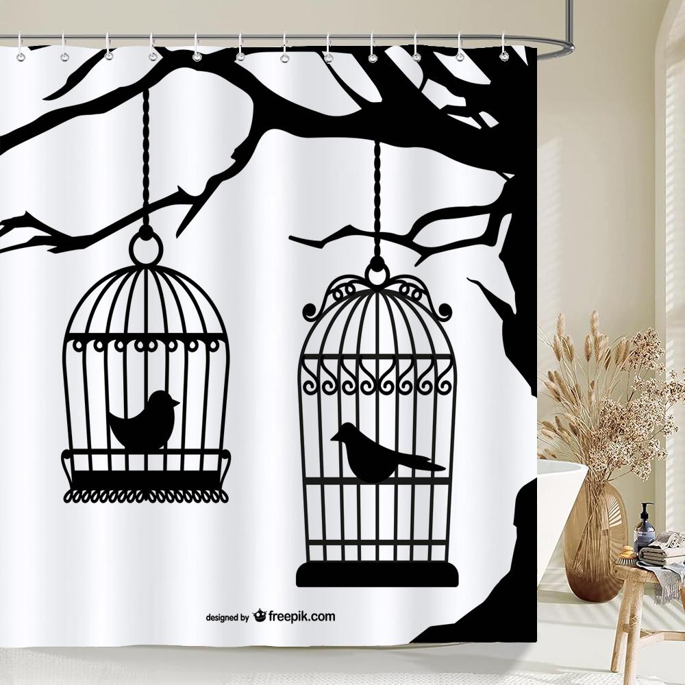 Nordic minimalist art printing Shower Curtain, Waterproof Fabric Flower and leaf Bird pattern Bathroom Curtain for Bathtub Decor