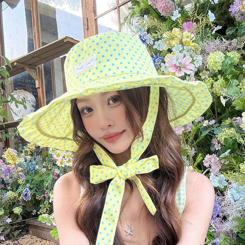 Cute Polka Dot Bucket Hat Wide Ruffled Brim Uv Protection Summer Beach Travel Outdoor Use