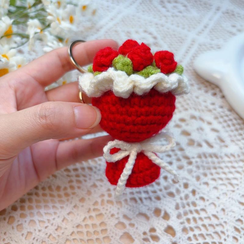 Crochet Rose Sunflower Keychain Key Accessories Bag Charms Knitted Key Chain Fake Flower Keyring Pendant Accessories