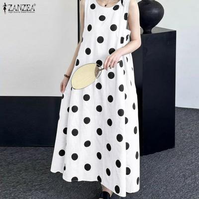 Women Casual Round Neck Loose Polka Dot Print Sleeveless Dress