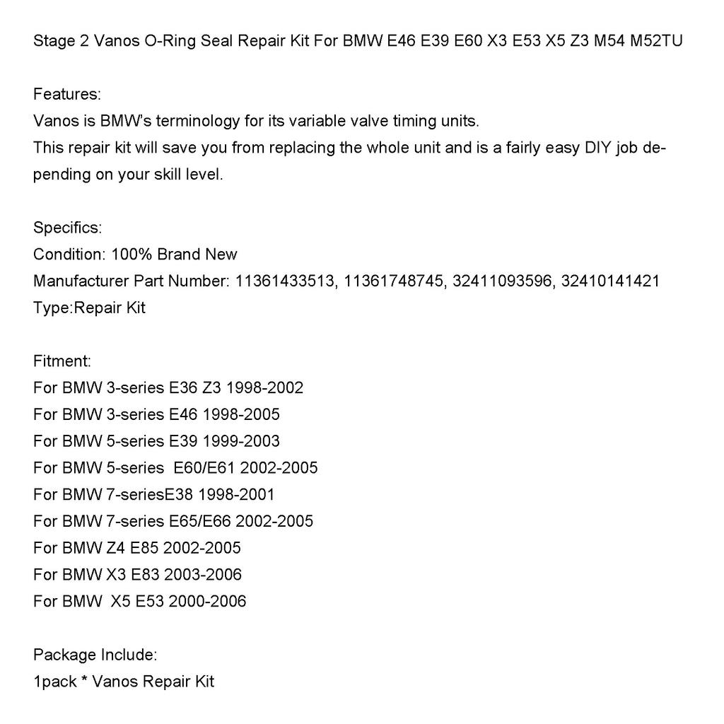 Stufe 2 Vanos O-Ring Dichtung Reparatursatz Für BMW E46 E39 E60 X3 E53 X5 Z3 M54 M52TU