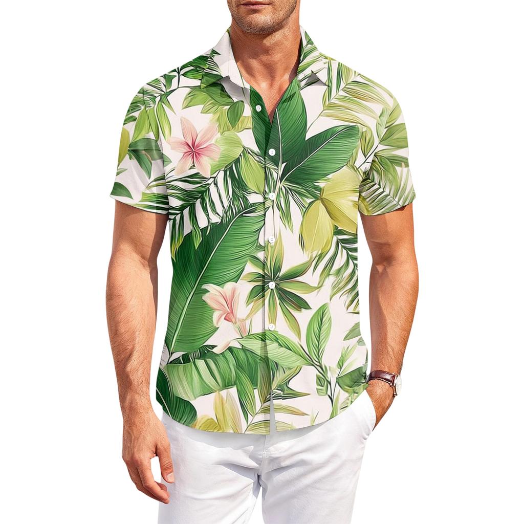 Men's Casual Loose Fit Hawaiian Print Short Sleeve Shirt Button Down Lapel Collar Lightweight Summer Top for Daily Wear