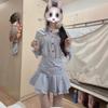 College Style Miu Department Blue Shirt Dress Women's Summer New Temperament Waist Pleated Skirt
