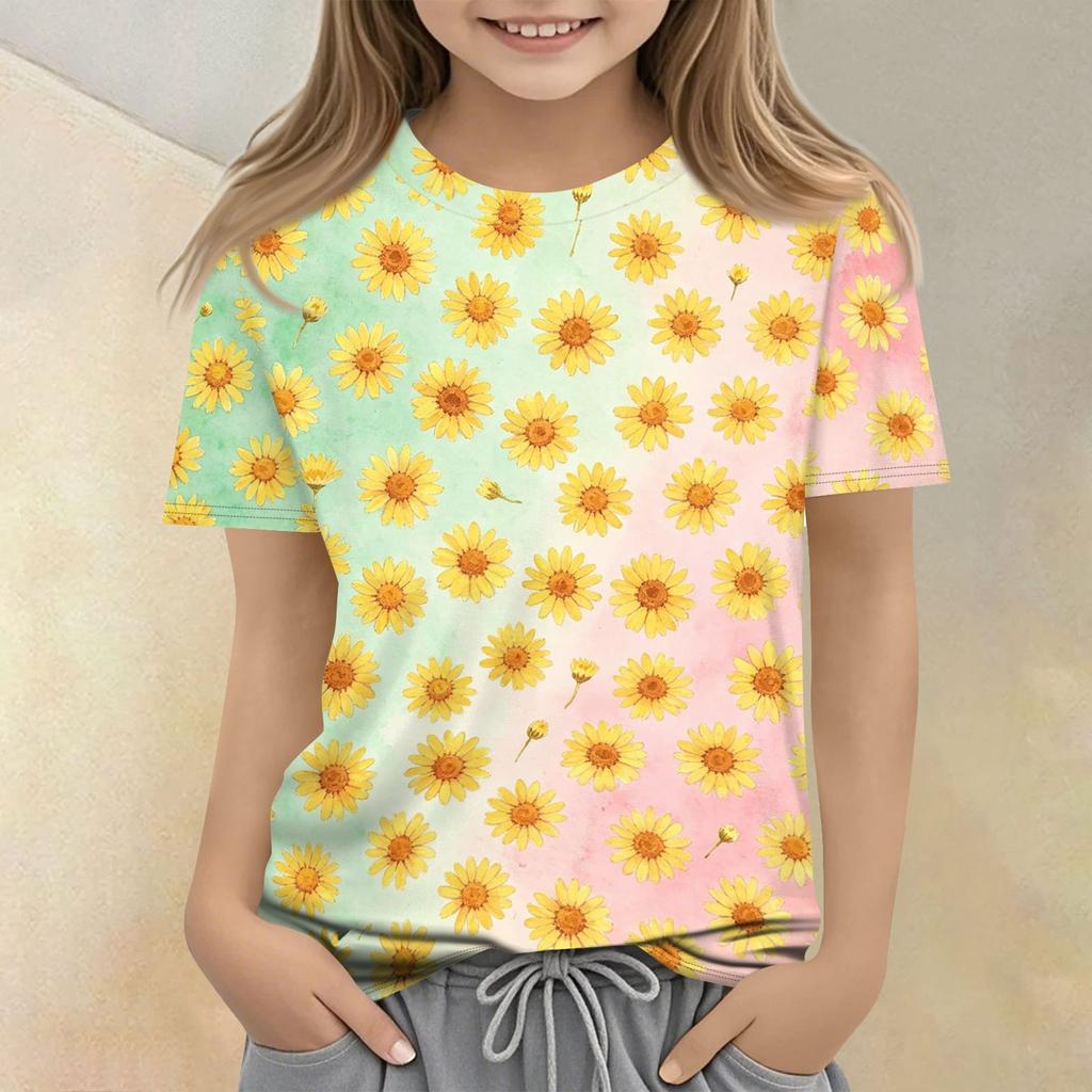 Tricou Casual Lejer cu Gât Rotund și Mânecă Scurtă cu Imprimeu Floral pentru Copii, Top de Vară Confortabil, Ușor, din Material Moale, pentru Băieți și Fete