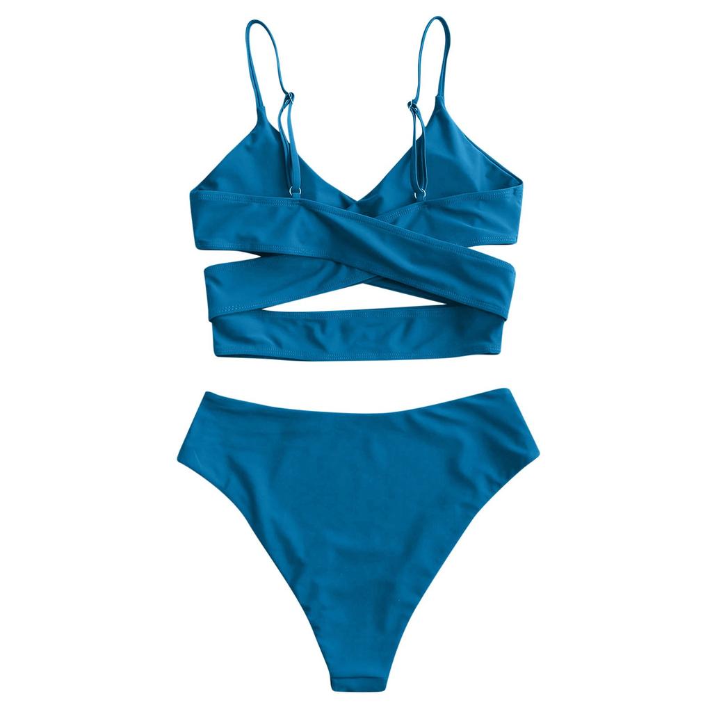 Women's High Waist Two Piece Swimsuit with Cross Wrap Straps Adjustable Spaghetti Straps Bikini Set for Beach Pool Swimwear