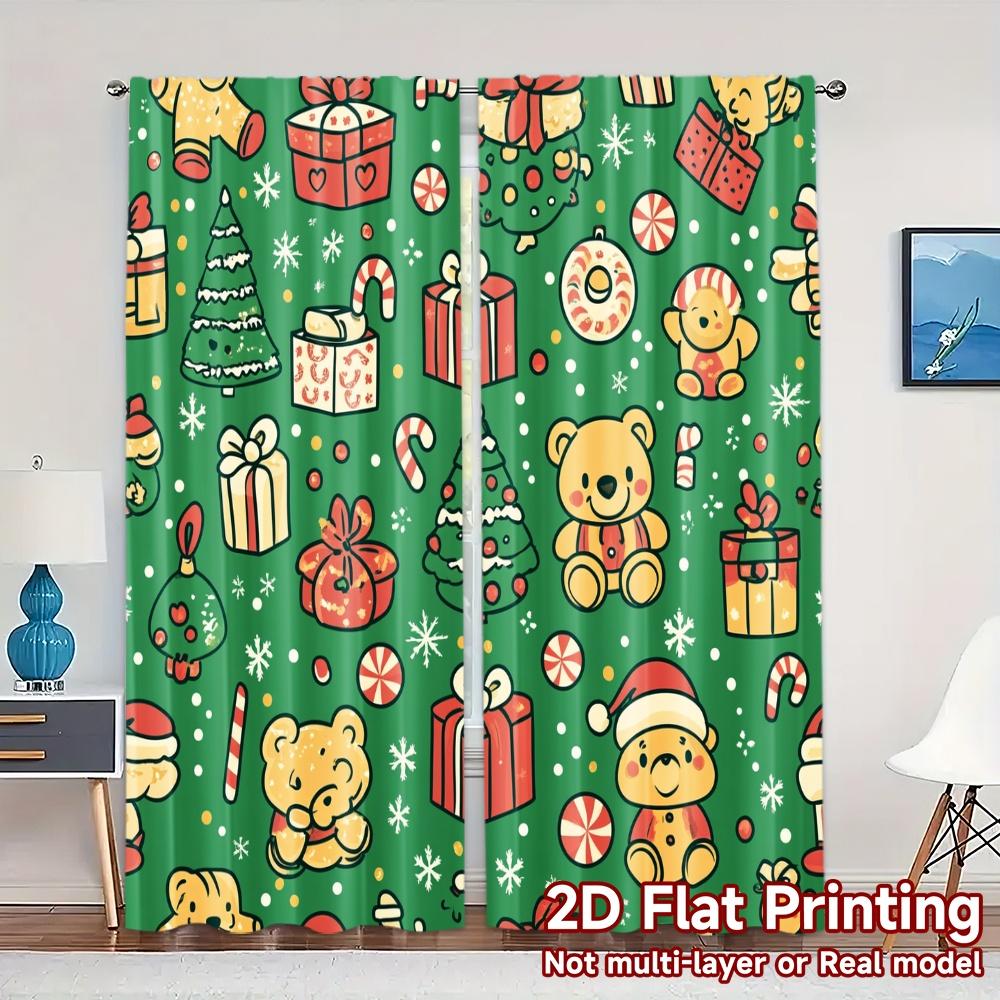 2pcs,Curtains Christmas Teddy Bear Gifts Trees (3) Popular Creative Curtains Durable 100% Polyester Fabric Curtains Outdoor