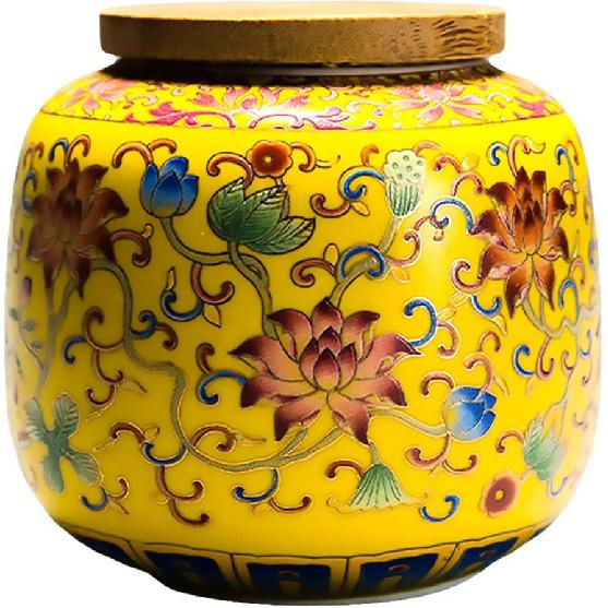 Ceramic Tea Canister with Airtight Wood Lid Vintage Chinese Style Tea Storage Jars Traditional Tea Tins Cans Tea 230ML for Kitchen Spice Tea Coffee