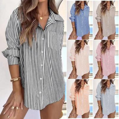 Camicia da Donna con Collo a Revers Manica Lunga Monopetto Top con Tasche Applicate Stampa a Righe Vestibilità Ampia Camicia Casual da Ufficio