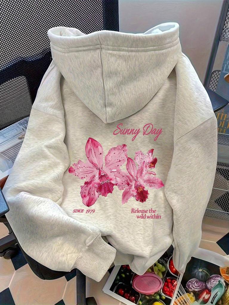 Women's Casual Long Sleeve Hoodie with Letter and Floral Pattern Back Print Kangaroo Pocket Comfortable and Stylish Classic