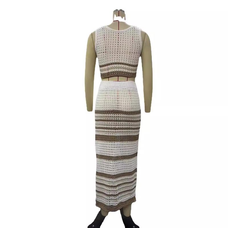 Stylish Export European and American Women's Clothing Summer New Sleeveless Vest Sexy Slit Stripes Skirt Knitting Suit