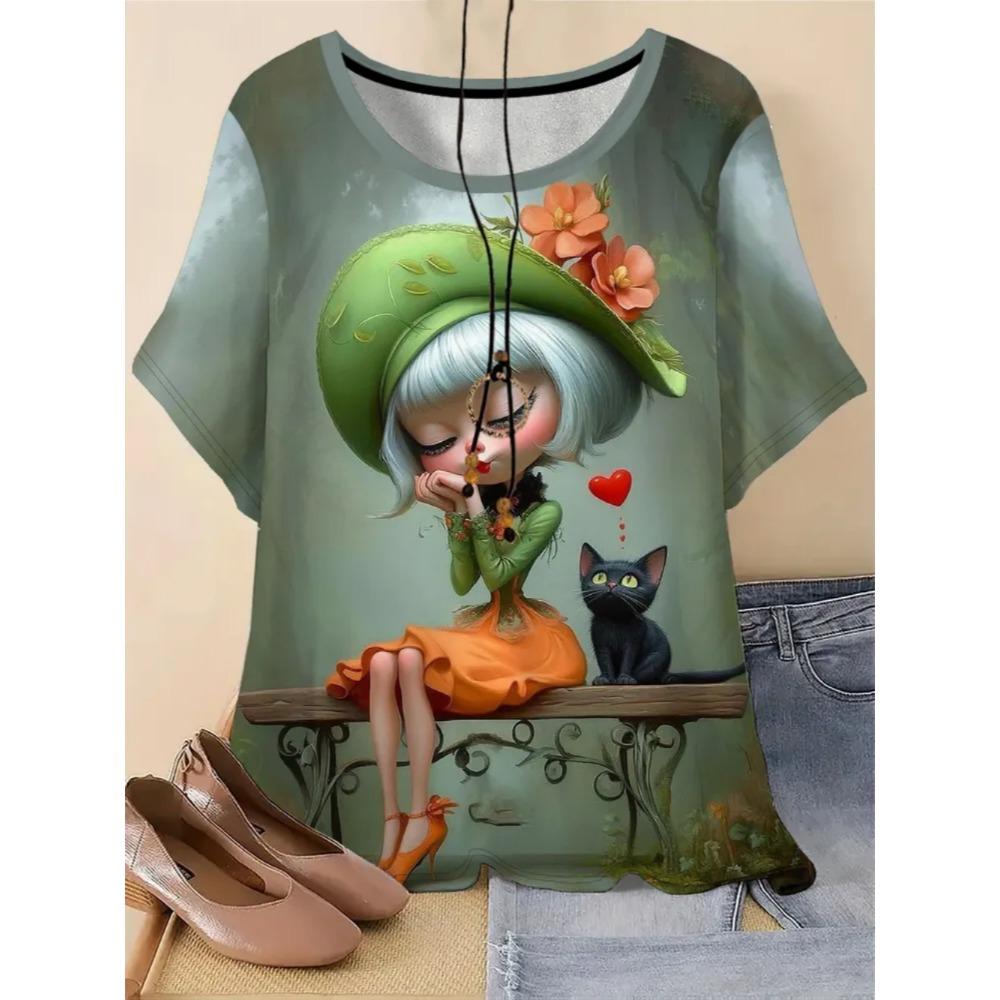 Simple Fashionable Portrait Cartoon Woman Graphic T-shirts Summer Streetwear 3d Printed Loose Comfortable Womens T-shirts