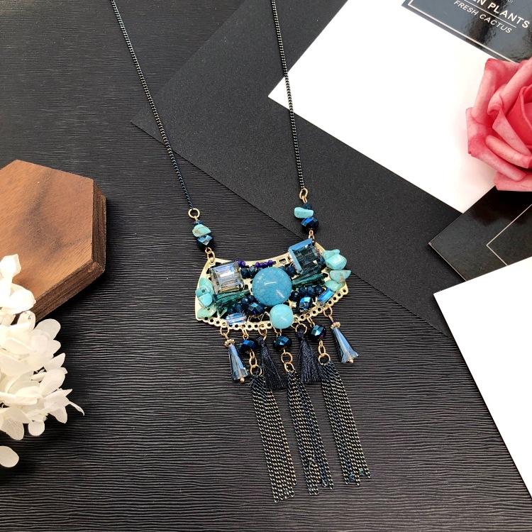 Eastern European style handmade retro fringed long necklace light luxury simple sweater chain crystal pendant versatile accessories