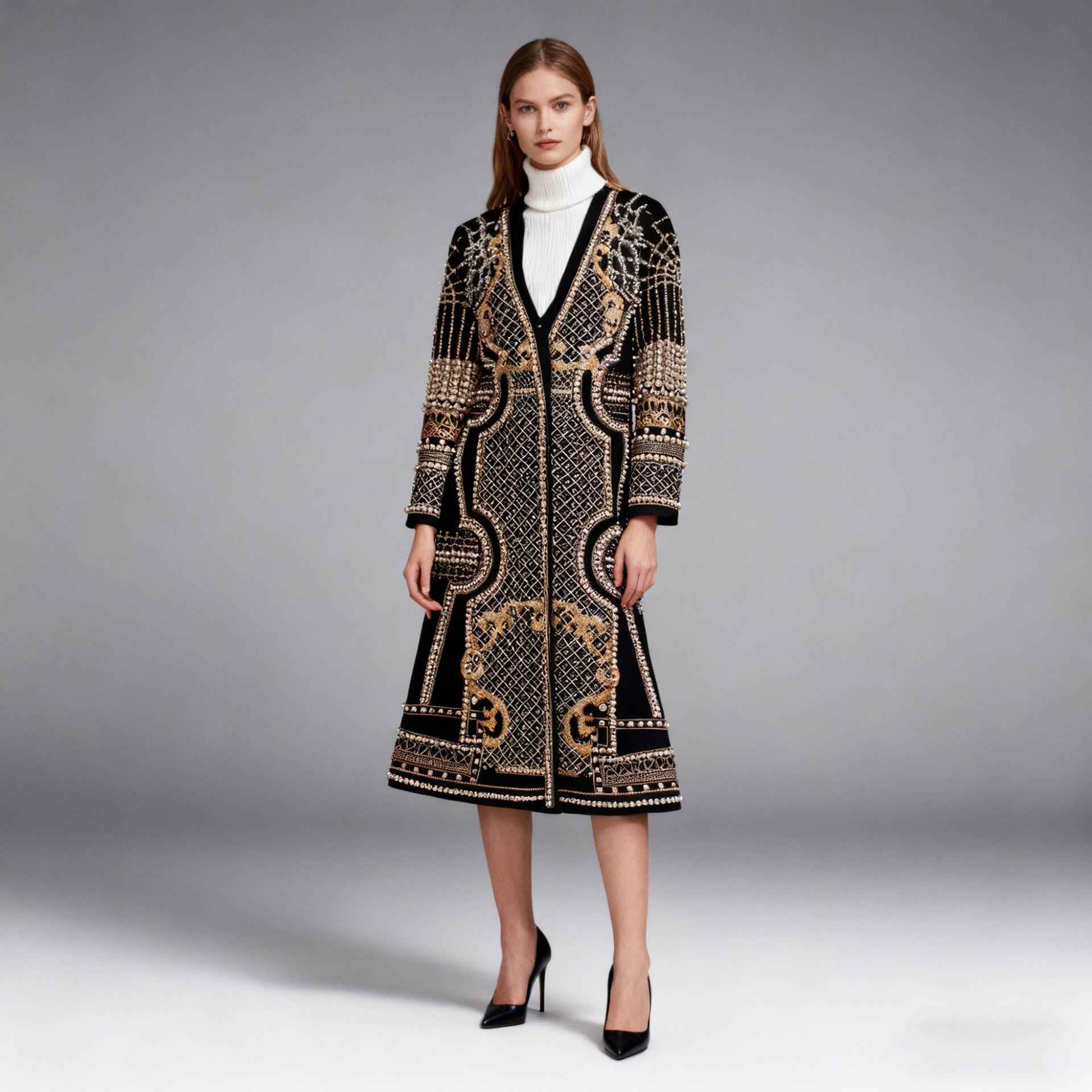 

Осенне-зимний 2025 года Европейский и Американский Дизайнерский Длинный Тренч с Бусинами и Принтом для Женщин S золотой