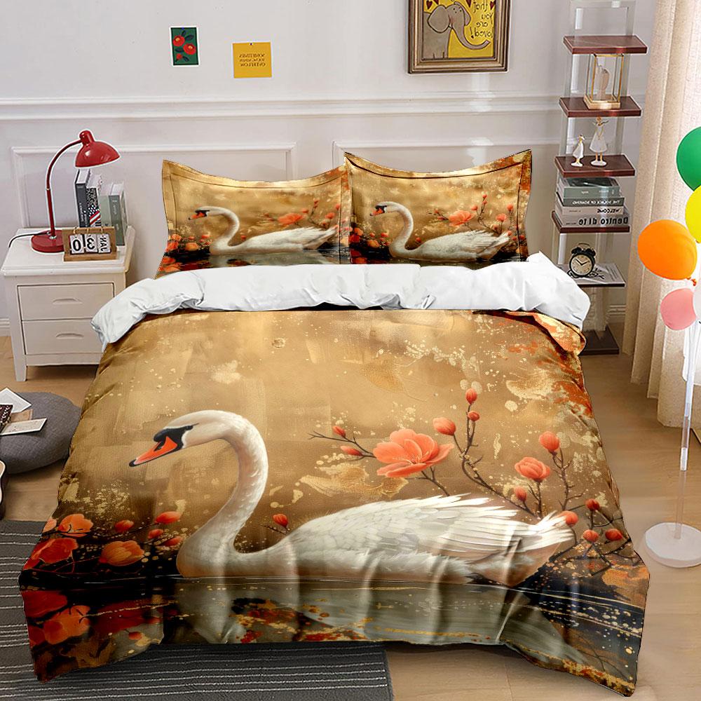 Swan with Pink Floral Background Bedding Set for Kids Luxury Gift 3pcs Digital Print Comforter Set Soft Comfortable Breathable