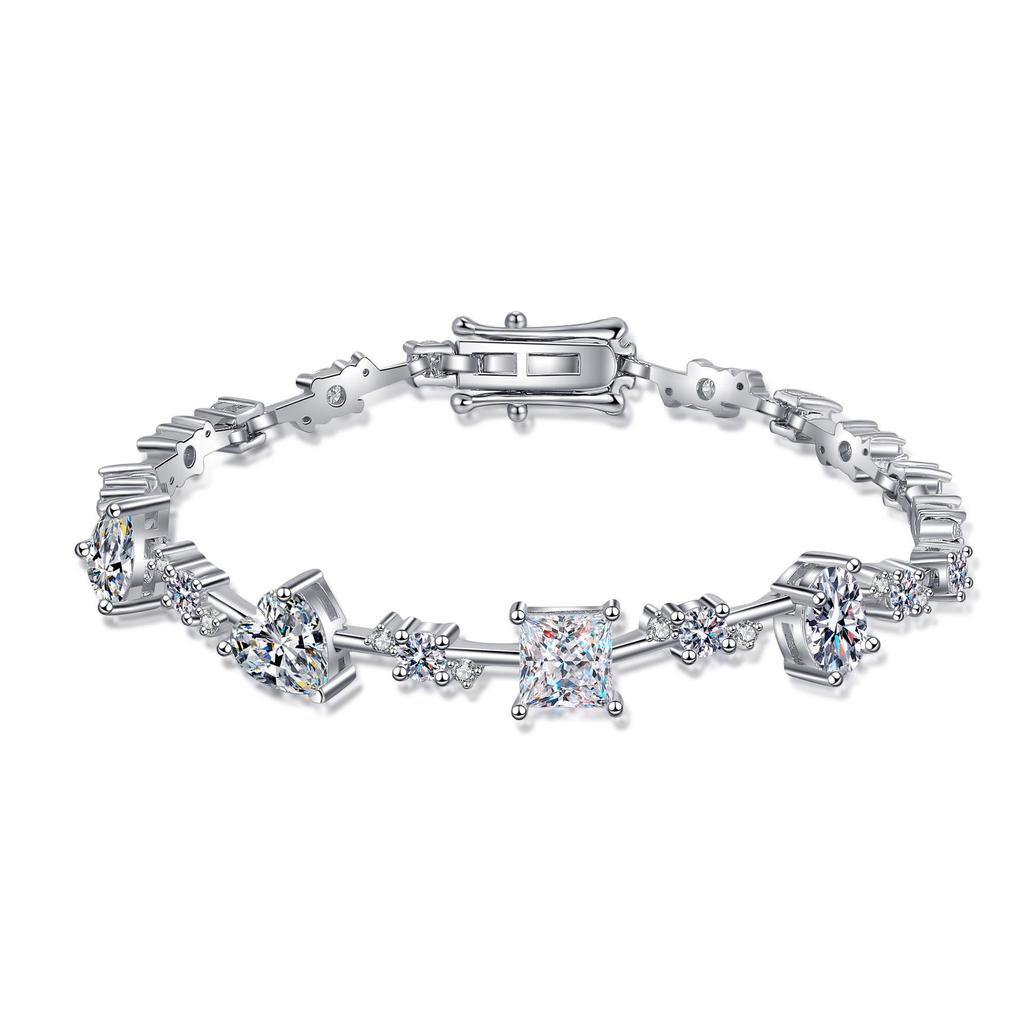 925 Sterling Silver Irregular Moissanite Bracelet for Women - Plated Pt950 Gold Bangle