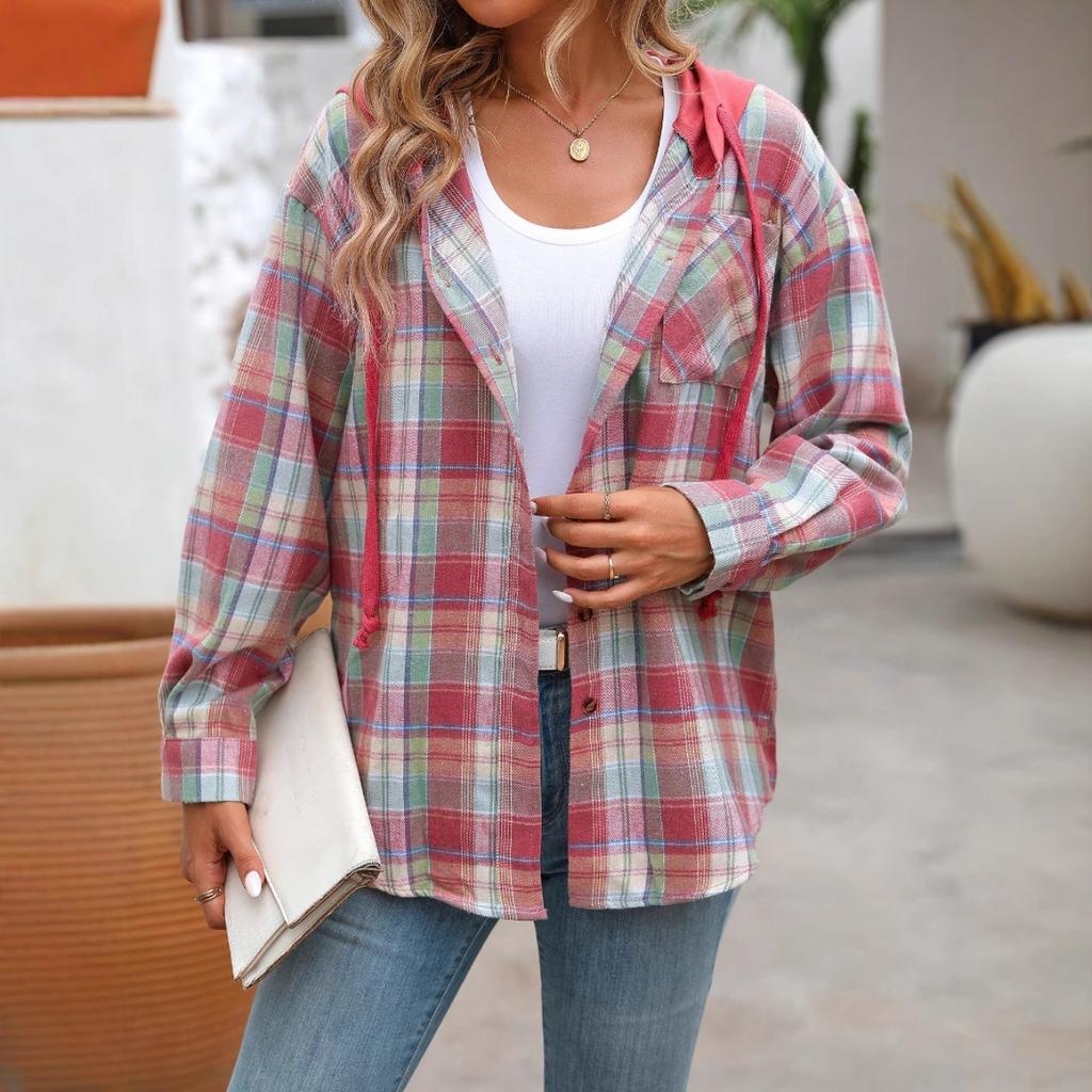 Autumn Winter New Women's Fashion Casual Plaid Colorblock Hooded Shirt Jacket
