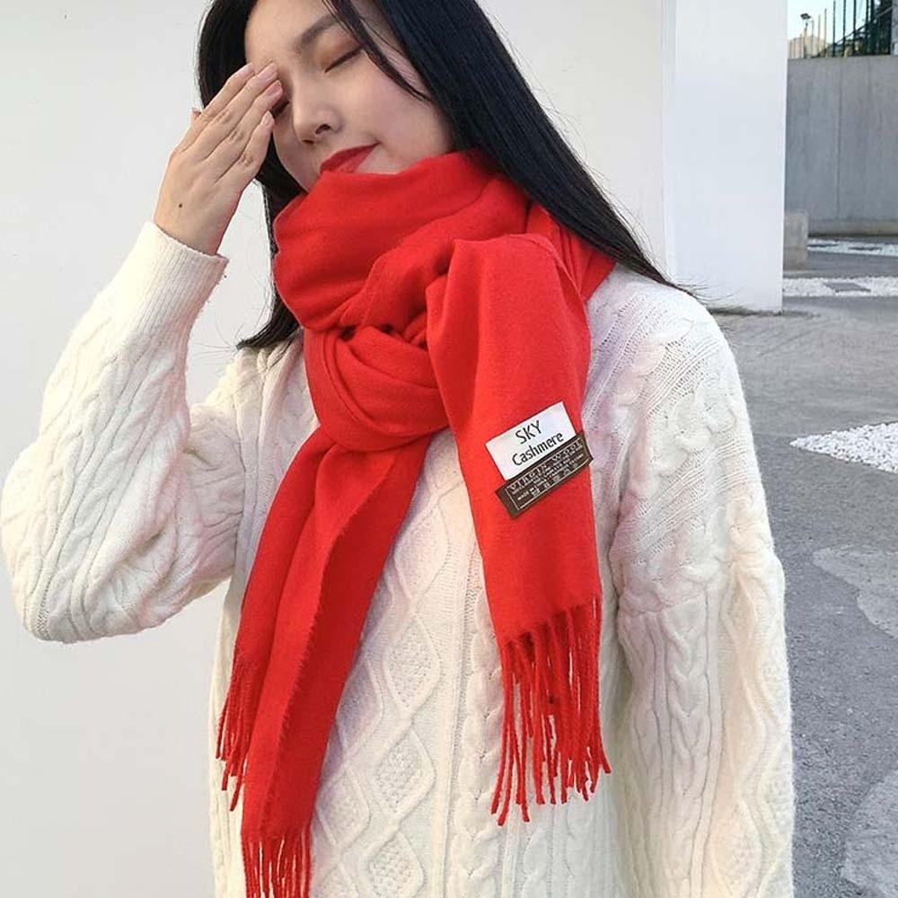 Polyester Solid Color Shawl Windproof Long Neckscarf with Tassel Gifts Classic Wool Scarf  Outdoor