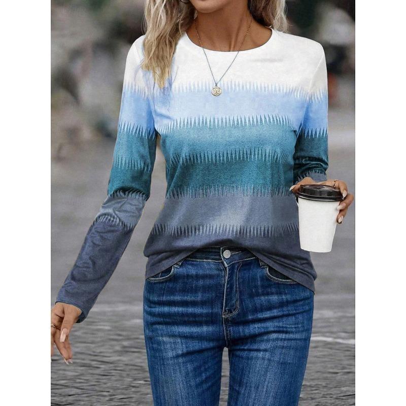 Gradient Stripe Print Autumn Long Sleeves Women's T-shirts Fashion Casual Tops Daily Loose Crew Neck Women Clothing