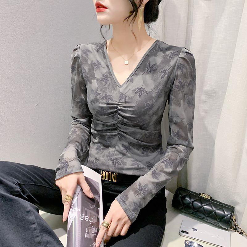 New Stylish Mesh V-Neck Ruched Long Sleeve Top - Slim Fit for Spring and Autumn M темно-серого