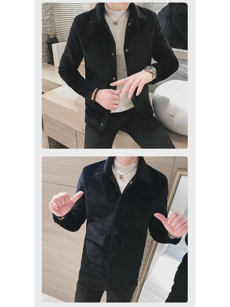 Herren Slim Fit Wollmantel - Britischer Stil, Kurz, Doppellagig, Imitat Nerz, Herbst- & Winter-Freizeitjacke