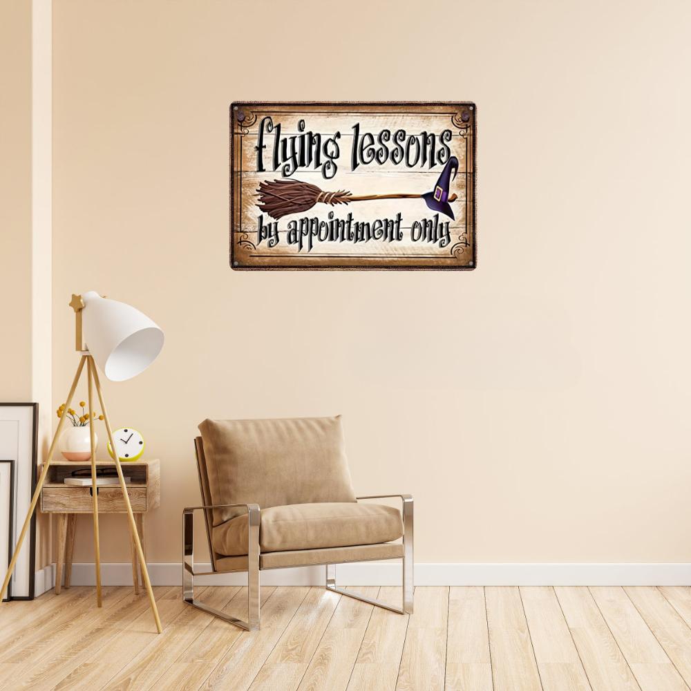 Witchcraft Charm: Vintage Halloween Tin Sign - "Book a Flying Lesson" Wall Art, 8x12 inches - Perfect for Home and Garden Decor
