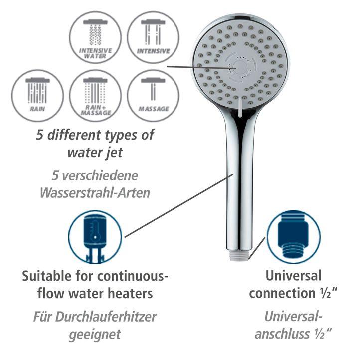 WENKO Ensemble de Douche BASIC | Douchette à main + Flexible 150 cm Inox | Pommeau 5 Jets &amp; Buses Anti-Calcaire | Chromé | Ø9,5 cm