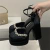 Fashion CRYSTAL Diamonds Round Toe Buckle Strap Pumps Women Platform Chunky Heels Banquet Ladies Shoes