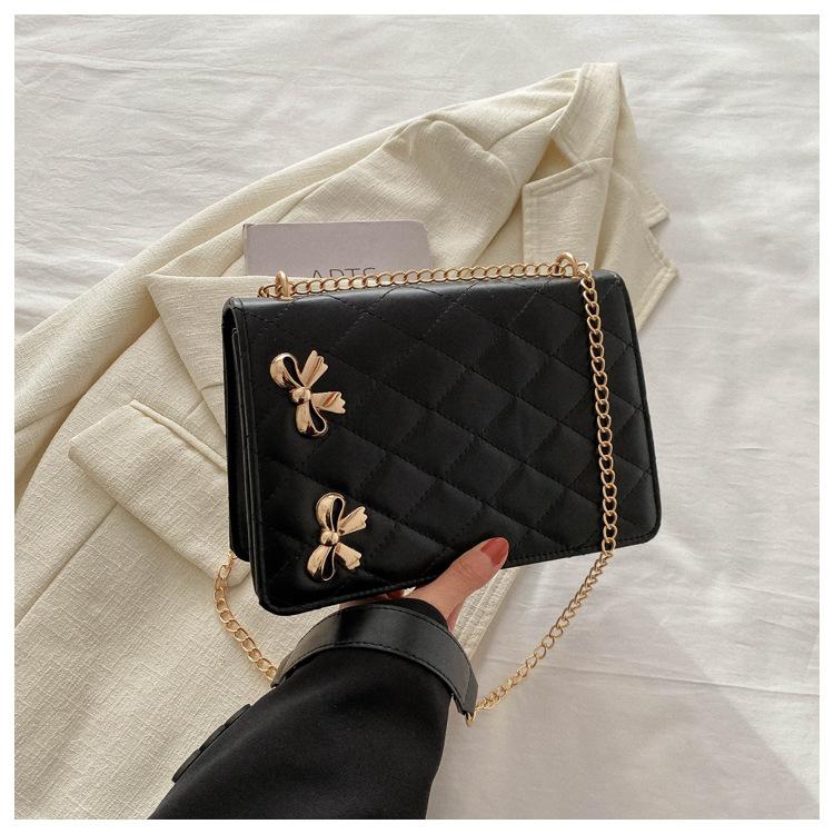 Fashion Rhombus Chain Bow Hardware Decoration Shoulder Women'S Crossbody Small Square Bag