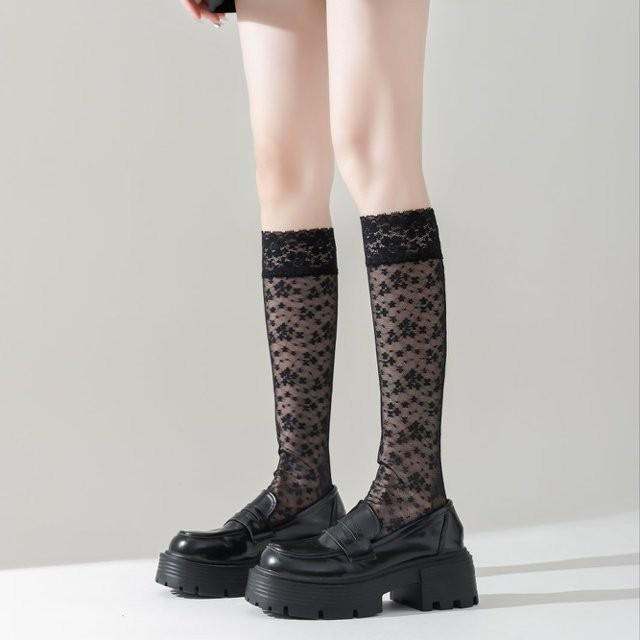 Women's Summer Thin Cotton Lace Trim Over-the-Knee Socks - Breathable Fishnet Gauze