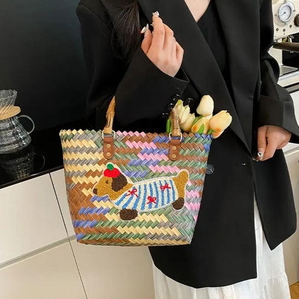 Puppy Pattern Retro Striped Woven Bag Bamboo Handle Summer Women's Handbag  Casual Shopping