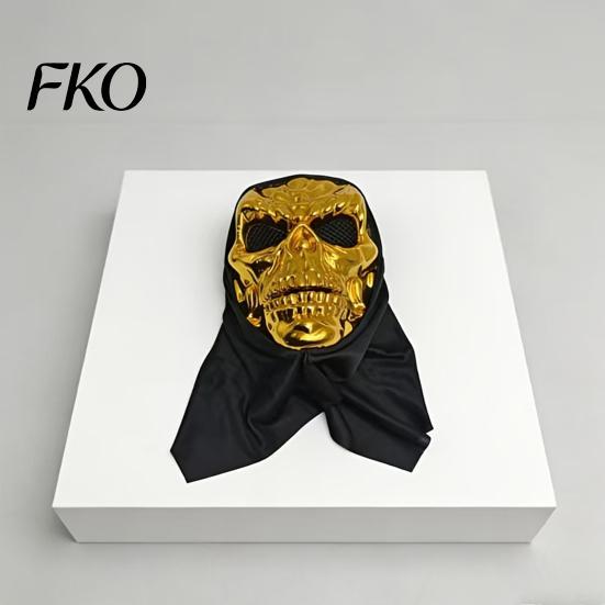 Dark Cool Cosplay Mask Halloween Skull Mask, with Breathable Mesh Eyes Design, Black Electroplated Metallic Headscarf Mirror Texture for Adults Party