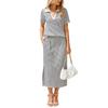Striped Polo Collar Short Sleeve Top and Midi Skirt Two Piece Set in Multi Colors