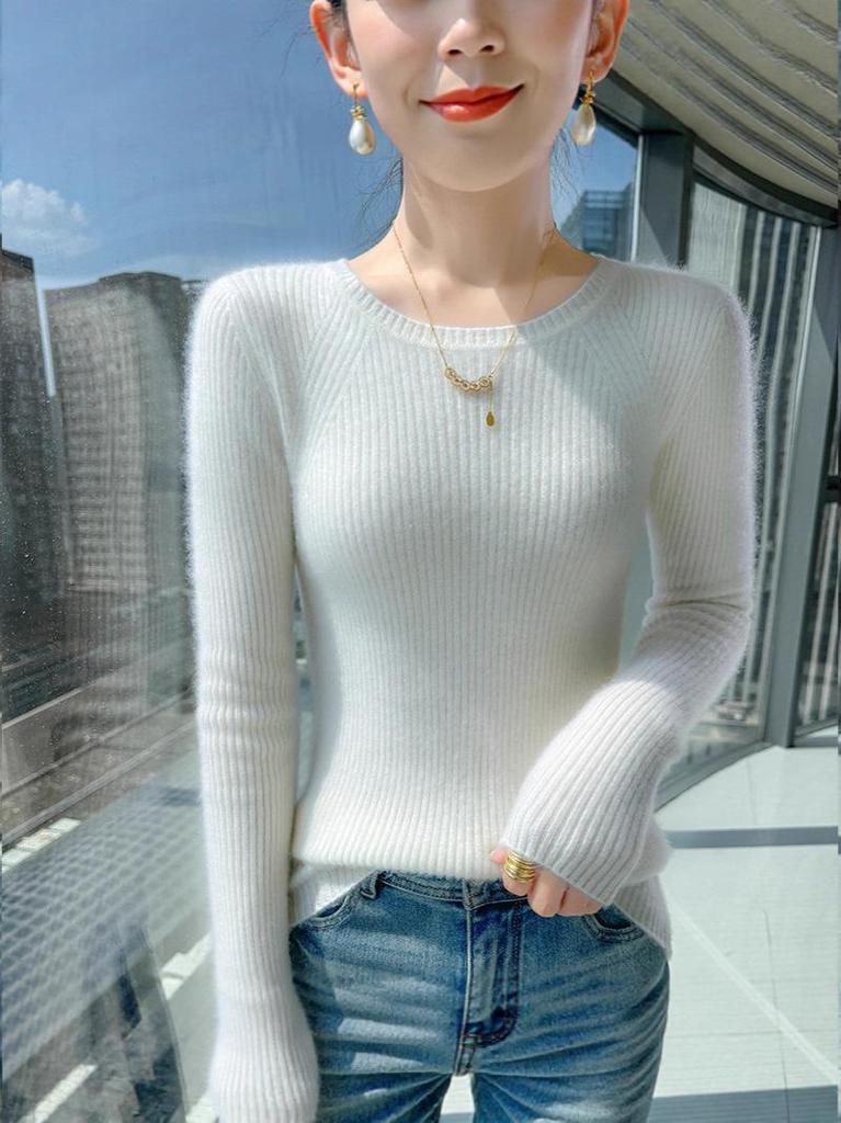 Women's Slim Fit Striped Wool Knitwear - Stylish Round Neck Top for Autumn/Winter