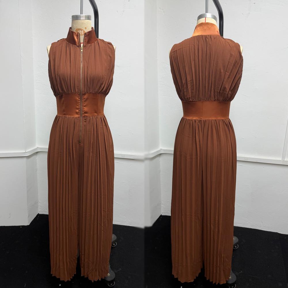 Women's Sleeveless High Waist Wide Leg Jumpsuit Pleated Detail Solid Jumpsuit